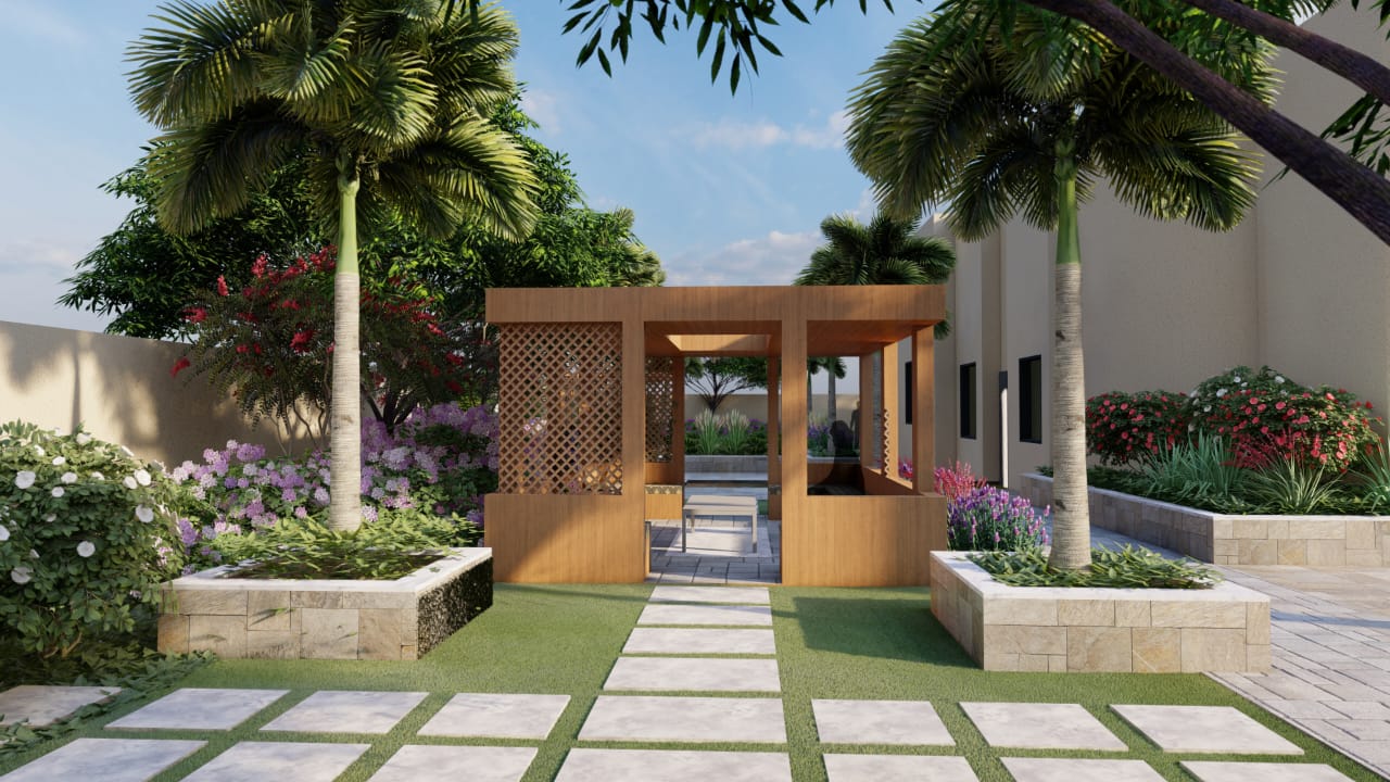 Garden pavilion with palm tree planting design